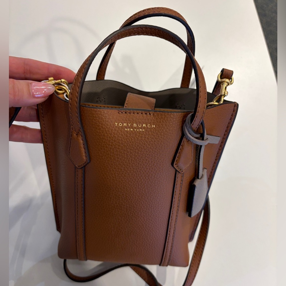 Tory Burch Perry Mini N/S Tote Crossbody Leather Light Umber color
